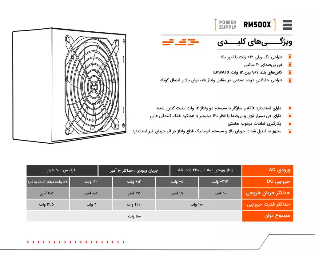 پاور کامپیوتر 500 وات فاطر مدل Fater RM500X 80+ Bronze