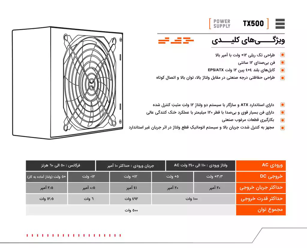 پاور کامپیوتر 500 وات فاطر مدل Fater TX500 80+ GOLD